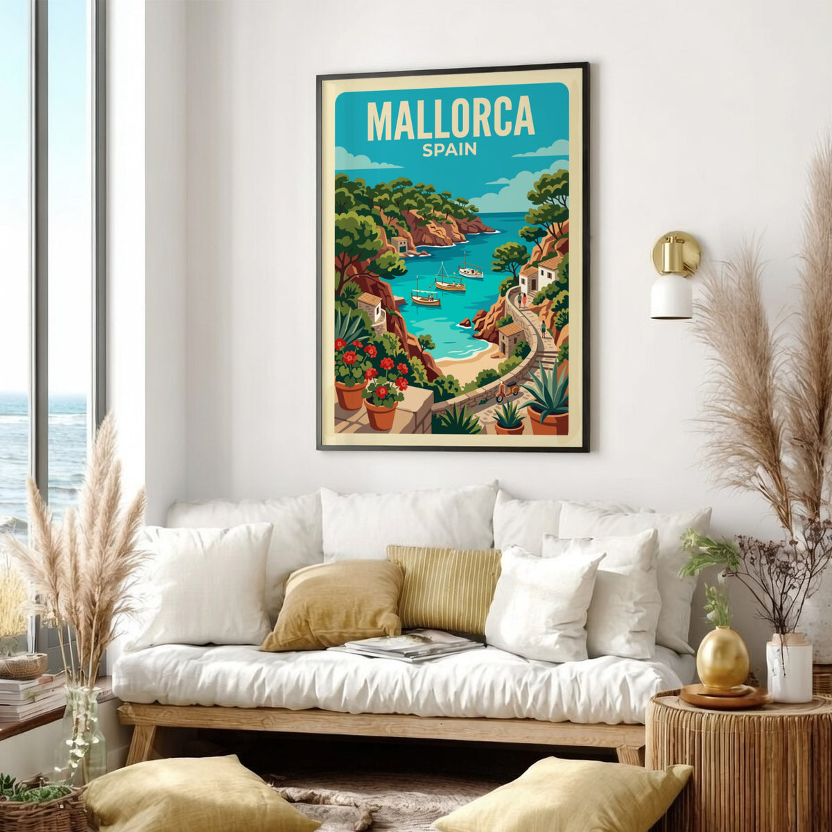 Mallorca Spain travel poster featuring boats in a turquoise cove with rocky cliffs.
