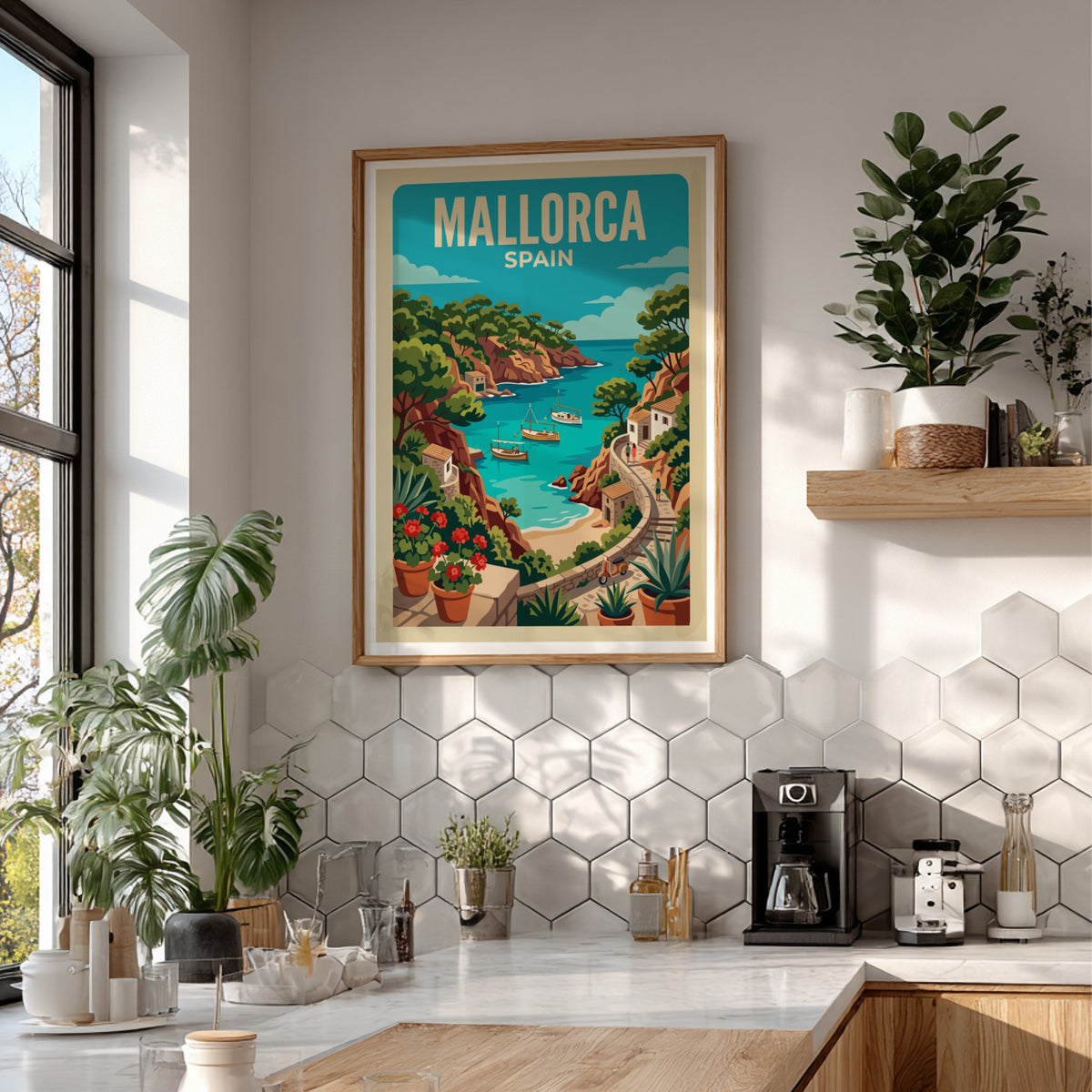 Mallorca Spain travel poster featuring boats in a turquoise cove with rocky cliffs.