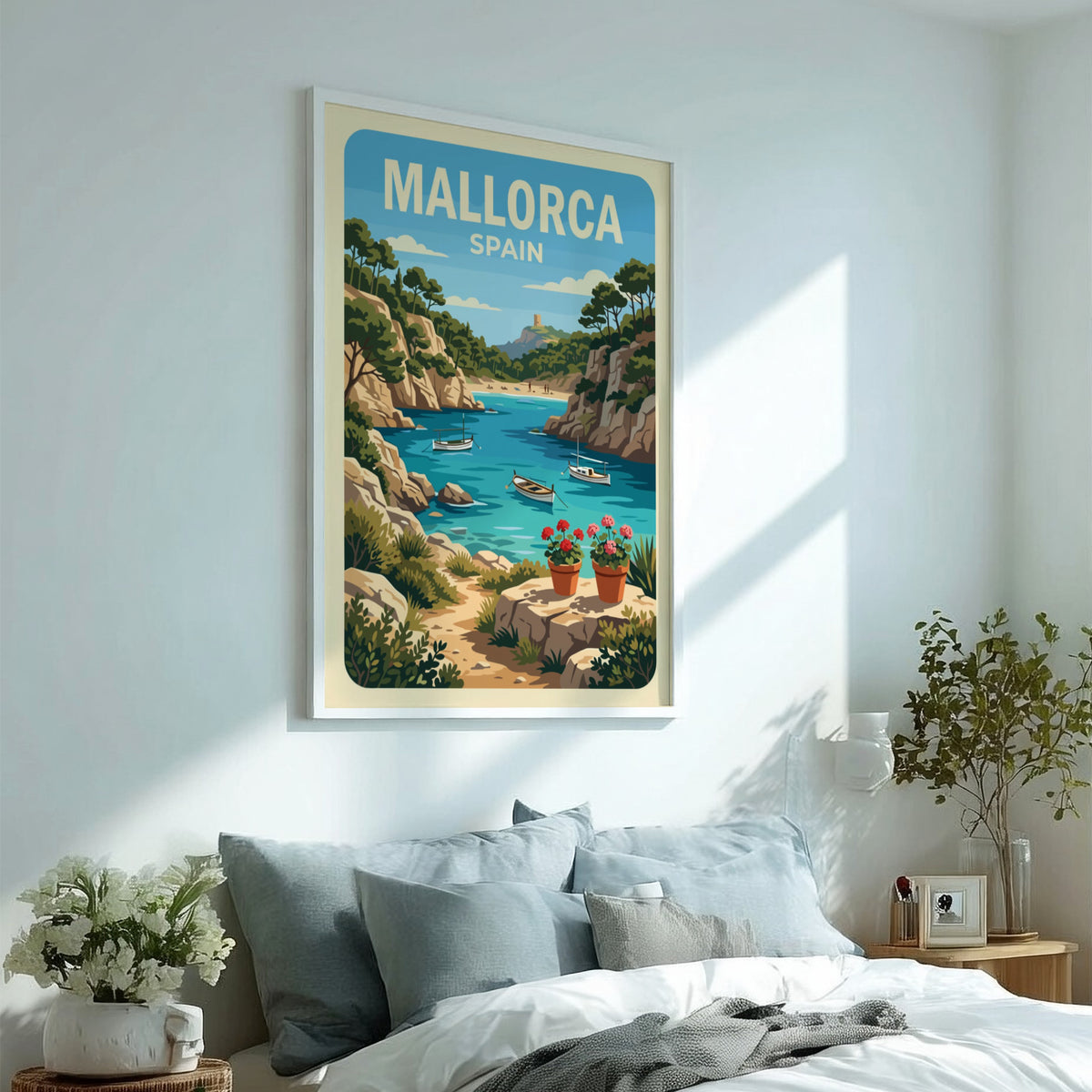 Poster of a Mallorca Spain cove with boats, rocky cliffs, and potted flowers.