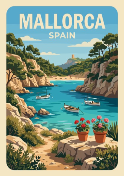 Poster of a Mallorca Spain cove with boats, rocky cliffs, and potted flowers.