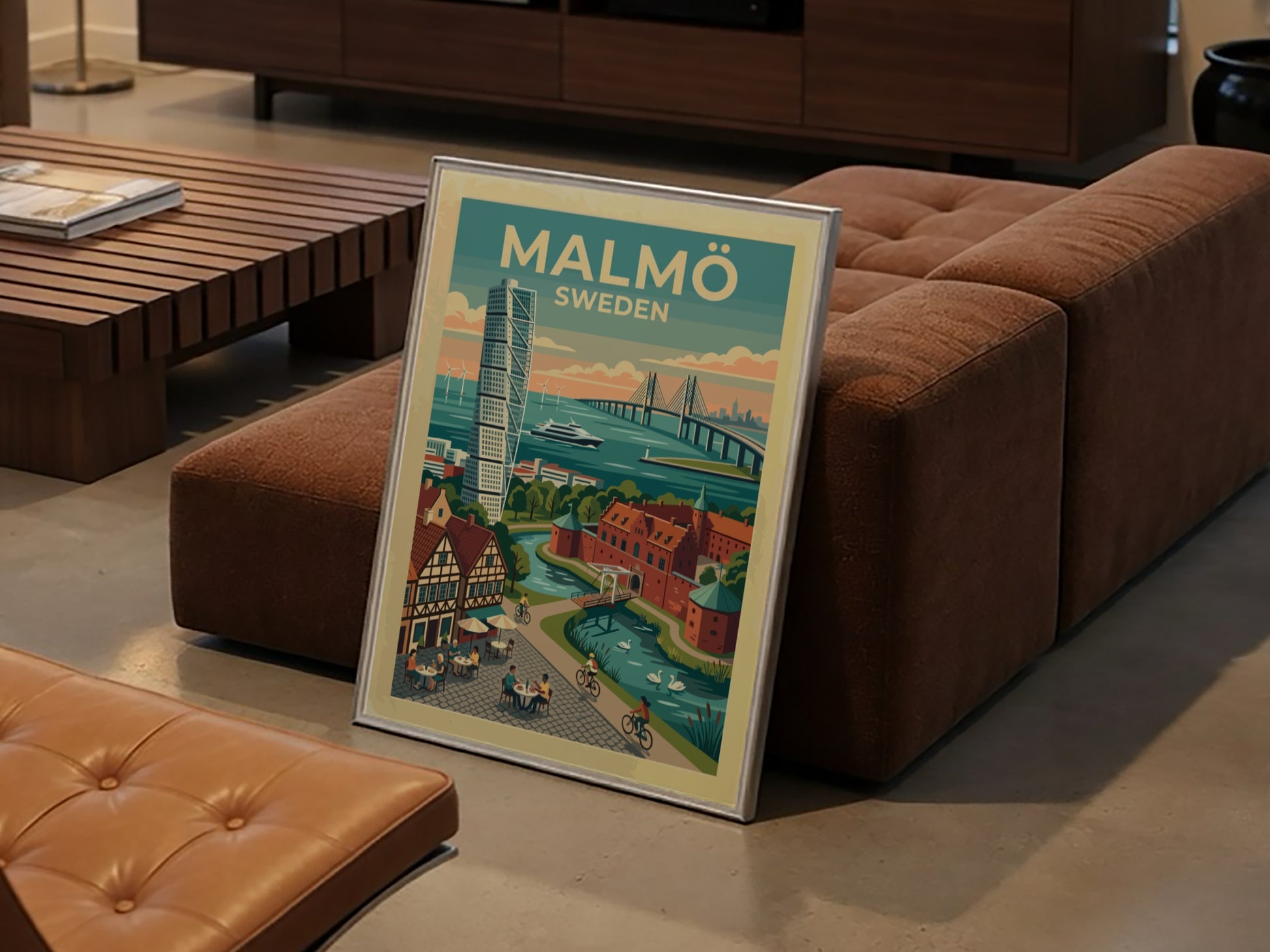 Travel poster of Malmö Sweden featuring the Turning Torso, Oresund Bridge, and canals.
