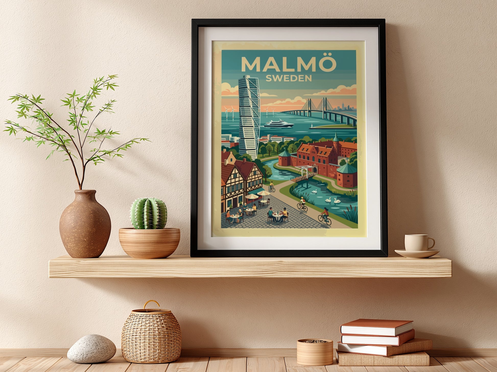 Travel poster of Malmö Sweden featuring the Turning Torso, Oresund Bridge, and canals.