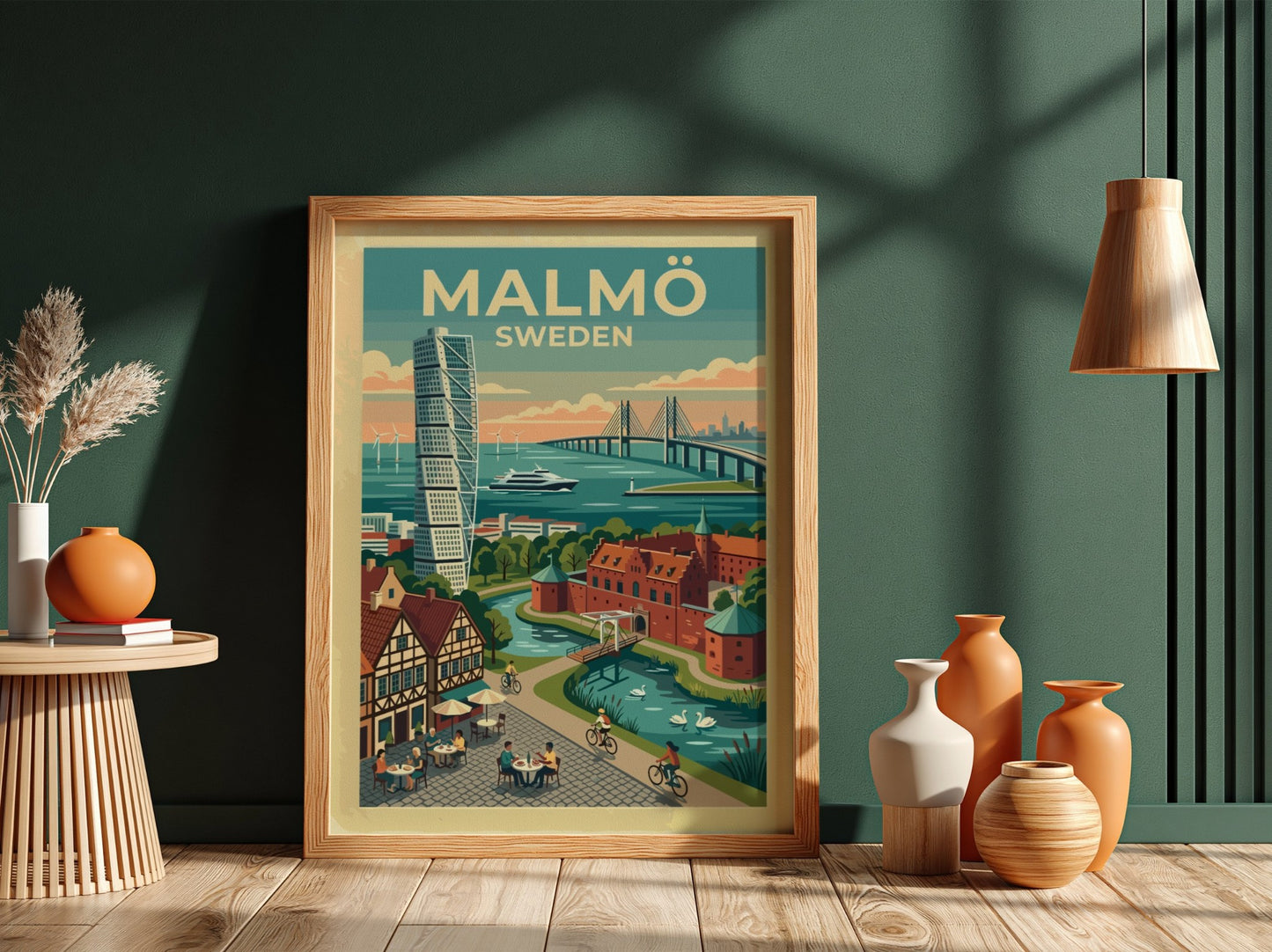 Travel poster of Malmö Sweden featuring the Turning Torso, Oresund Bridge, and canals.