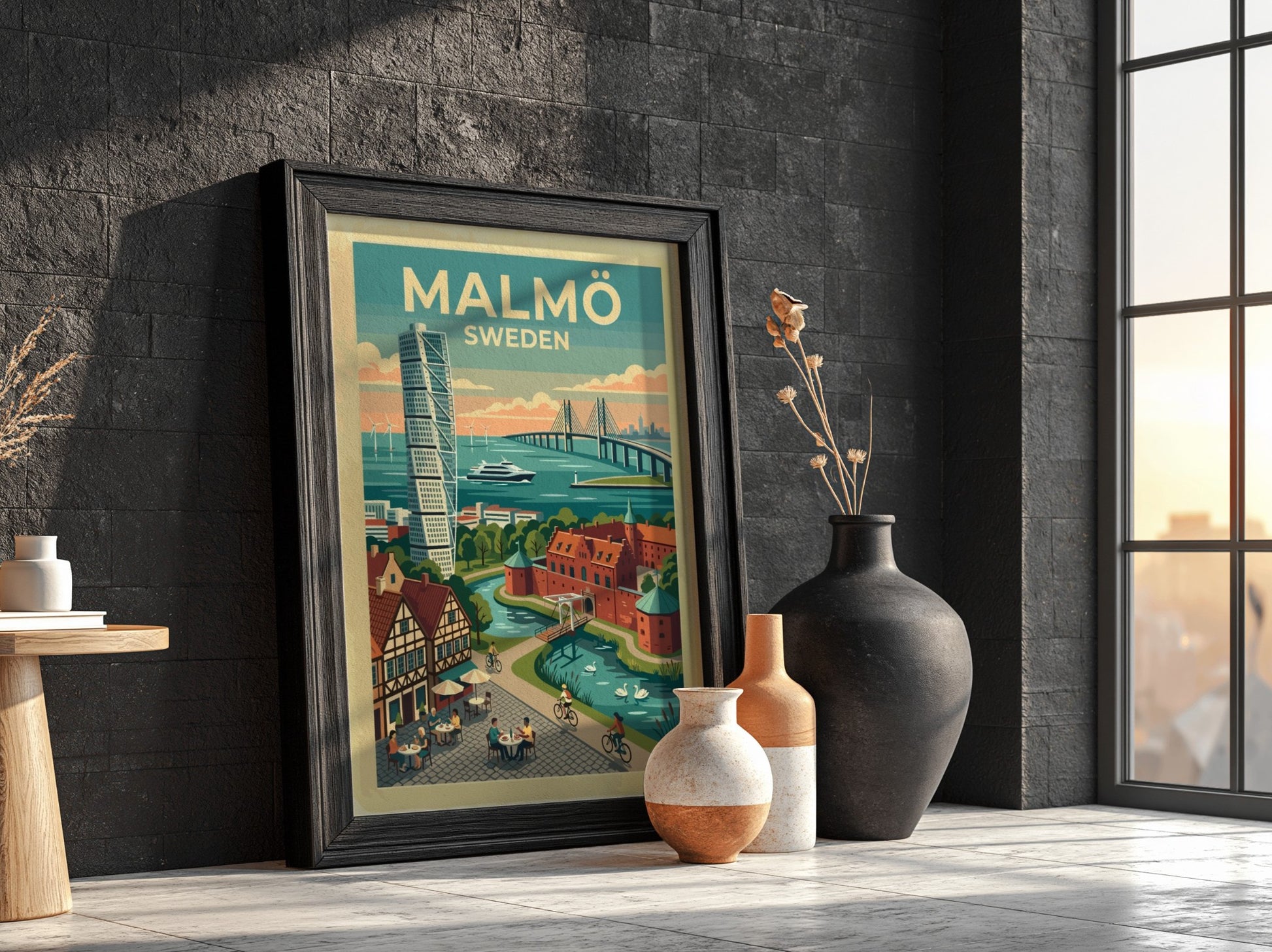 Travel poster of Malmö Sweden featuring the Turning Torso, Oresund Bridge, and canals.