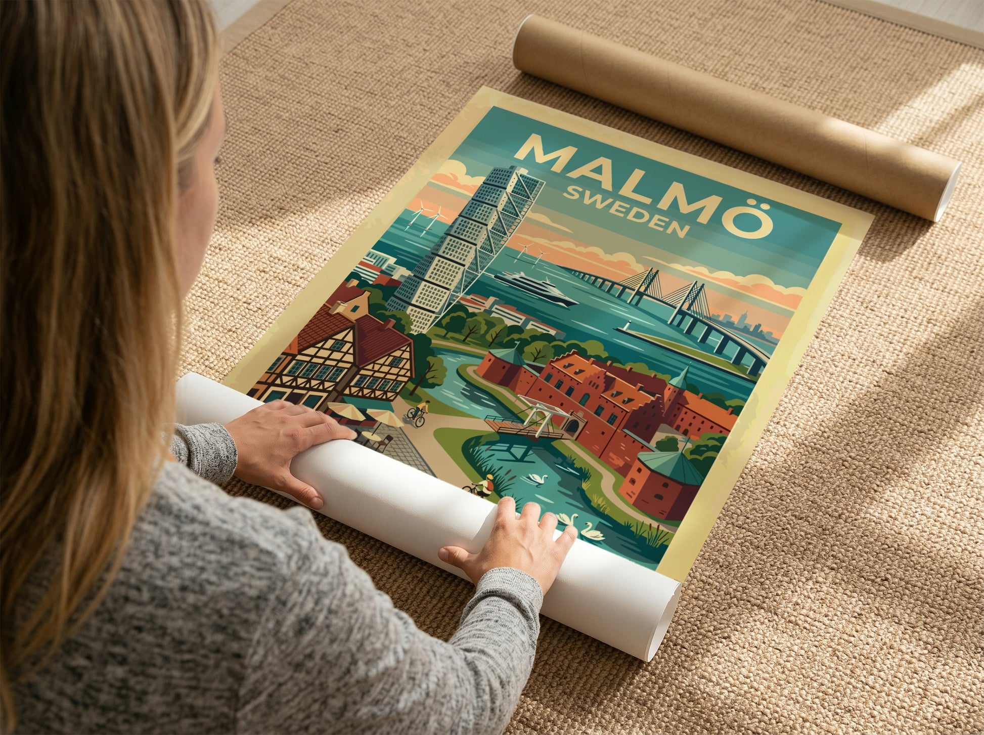 Travel poster of Malmö Sweden featuring the Turning Torso, Oresund Bridge, and canals.