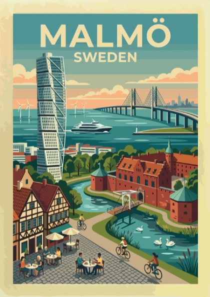 Travel poster of Malmö Sweden featuring the Turning Torso, Oresund Bridge, and canals.