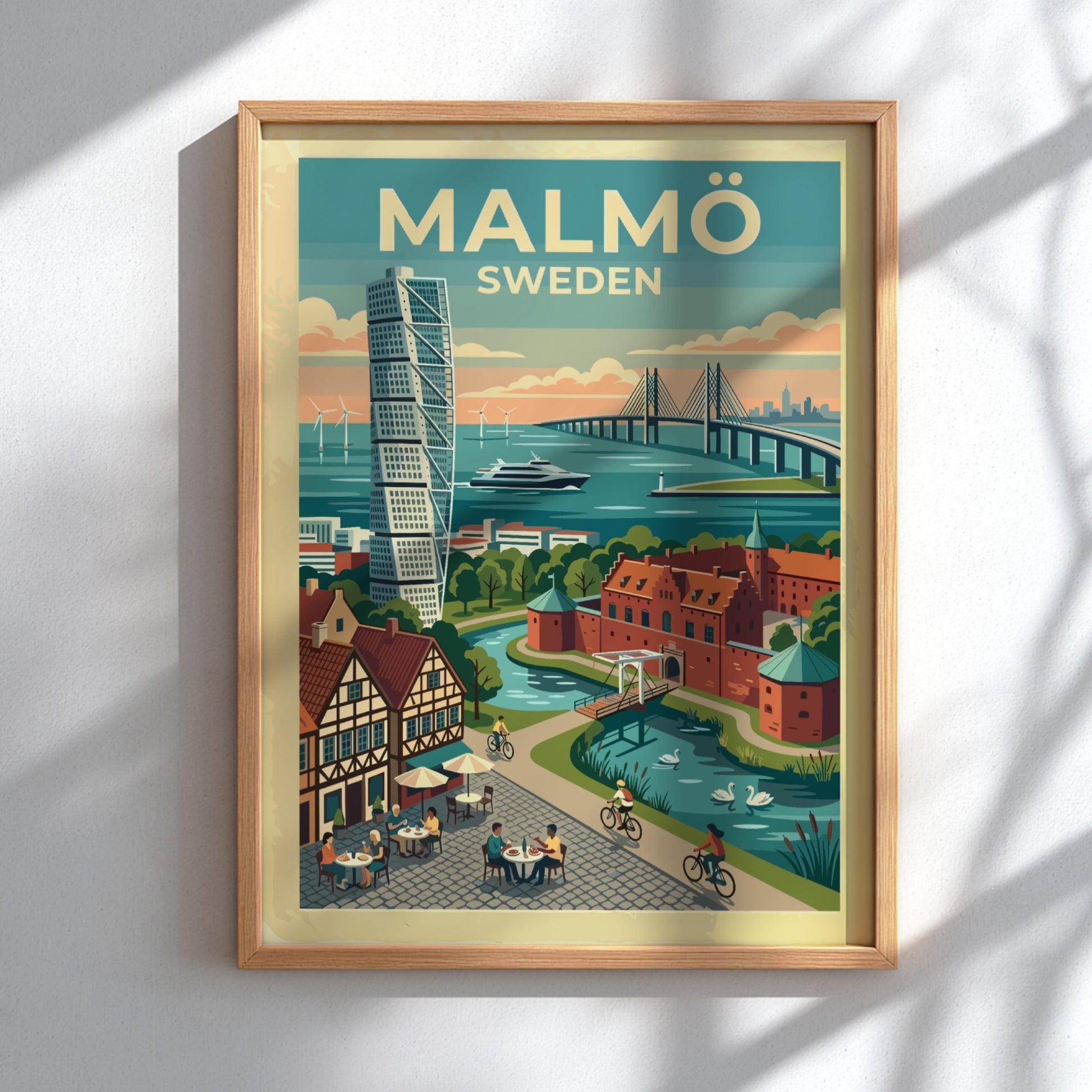 Travel poster of Malmö Sweden featuring the Turning Torso, Oresund Bridge, and canals.