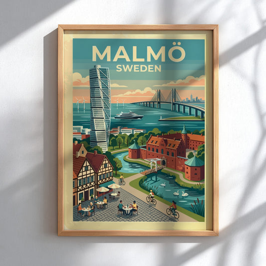Travel poster of Malmö Sweden featuring the Turning Torso, Oresund Bridge, and canals.