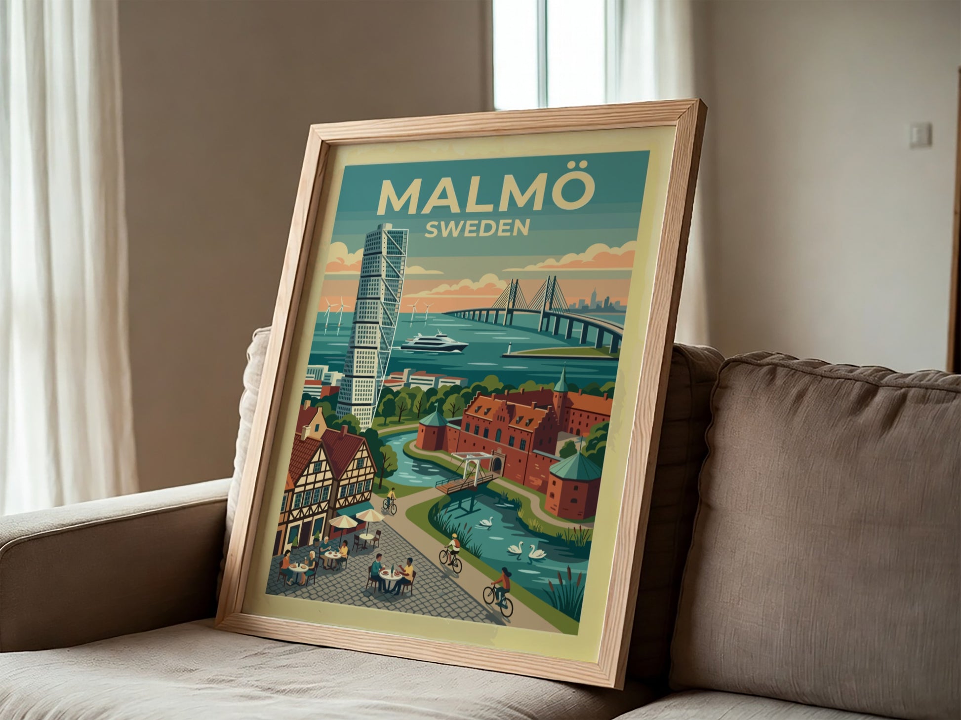 Travel poster of Malmö Sweden featuring the Turning Torso, Oresund Bridge, and canals.