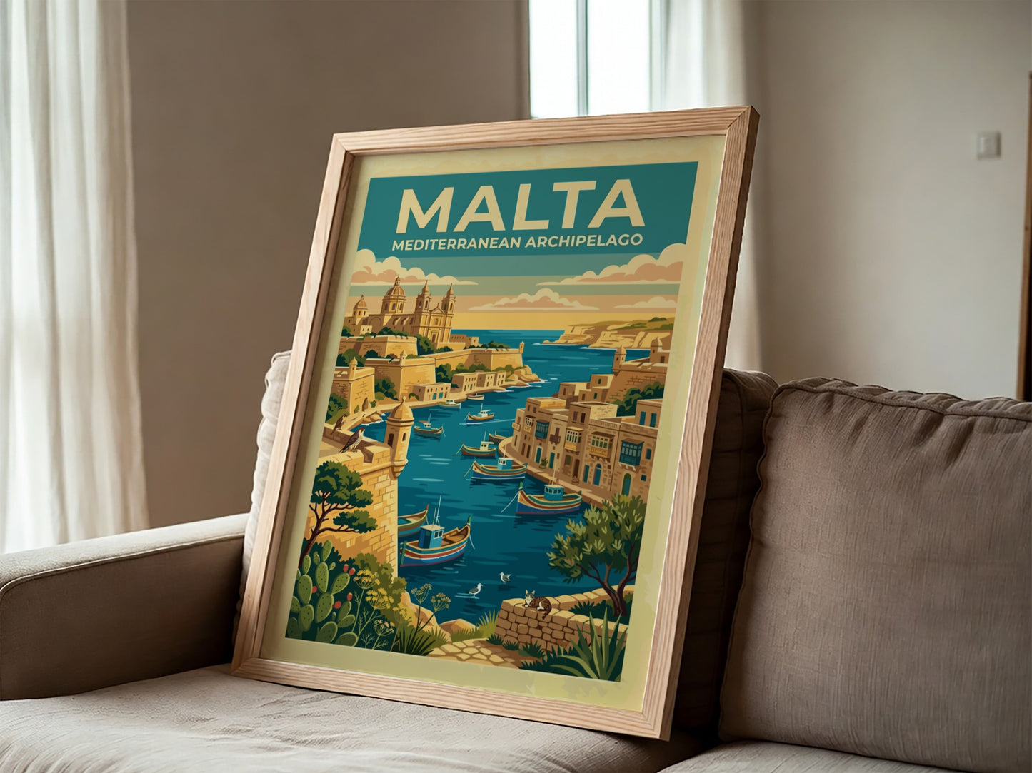 Travel poster of Malta Mediterranean Archipelago featuring a harbour with boats and architecture