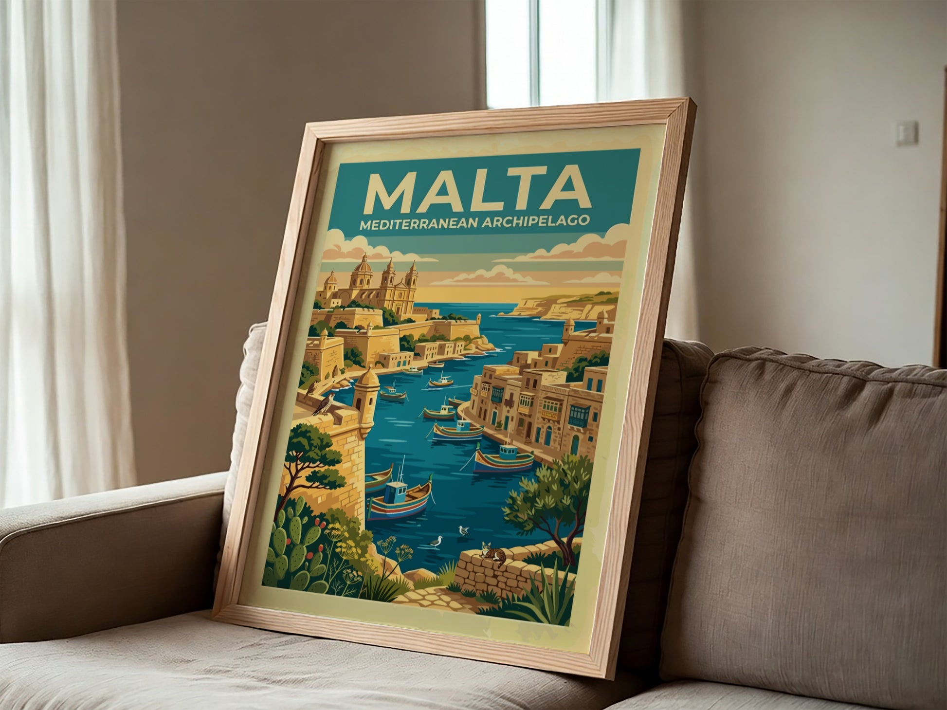 Travel poster of Malta Mediterranean Archipelago featuring a harbour with boats and architecture