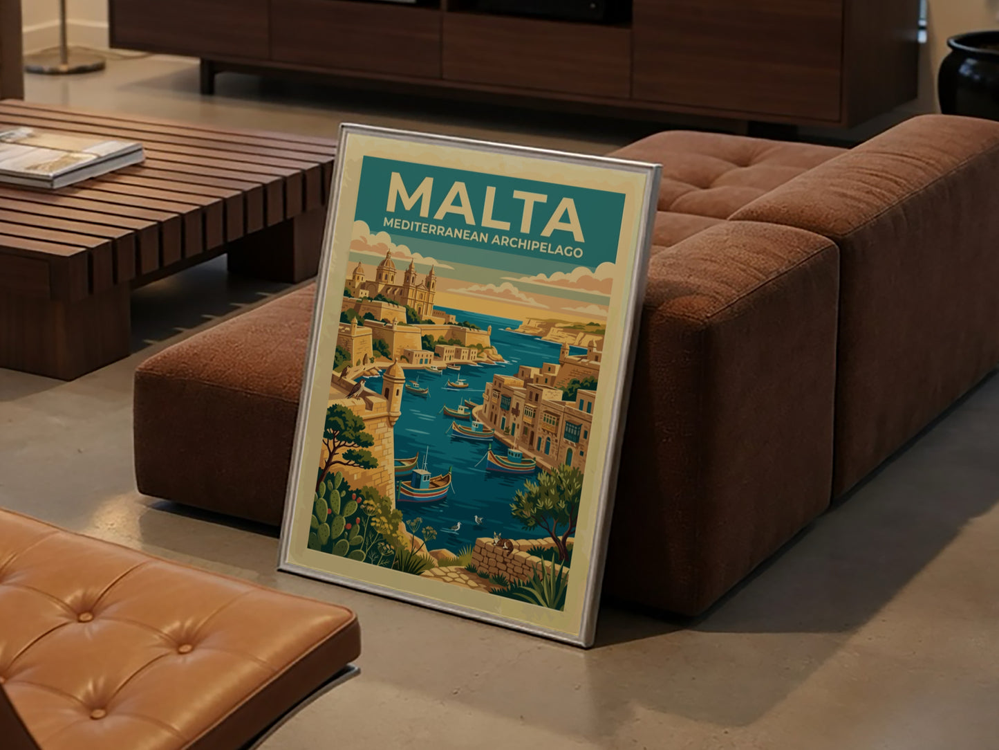 Travel poster of Malta Mediterranean Archipelago featuring a harbour with boats and architecture