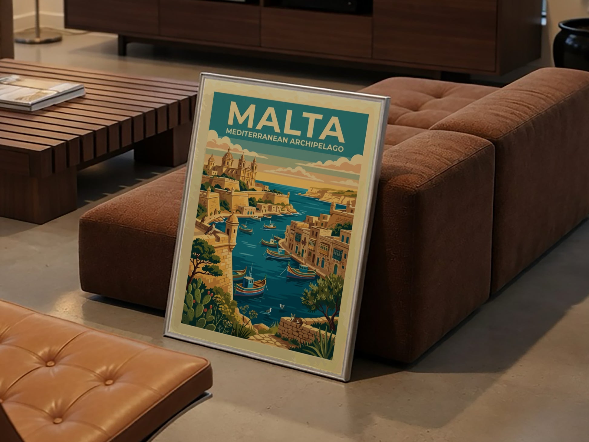 Travel poster of Malta Mediterranean Archipelago featuring a harbour with boats and architecture