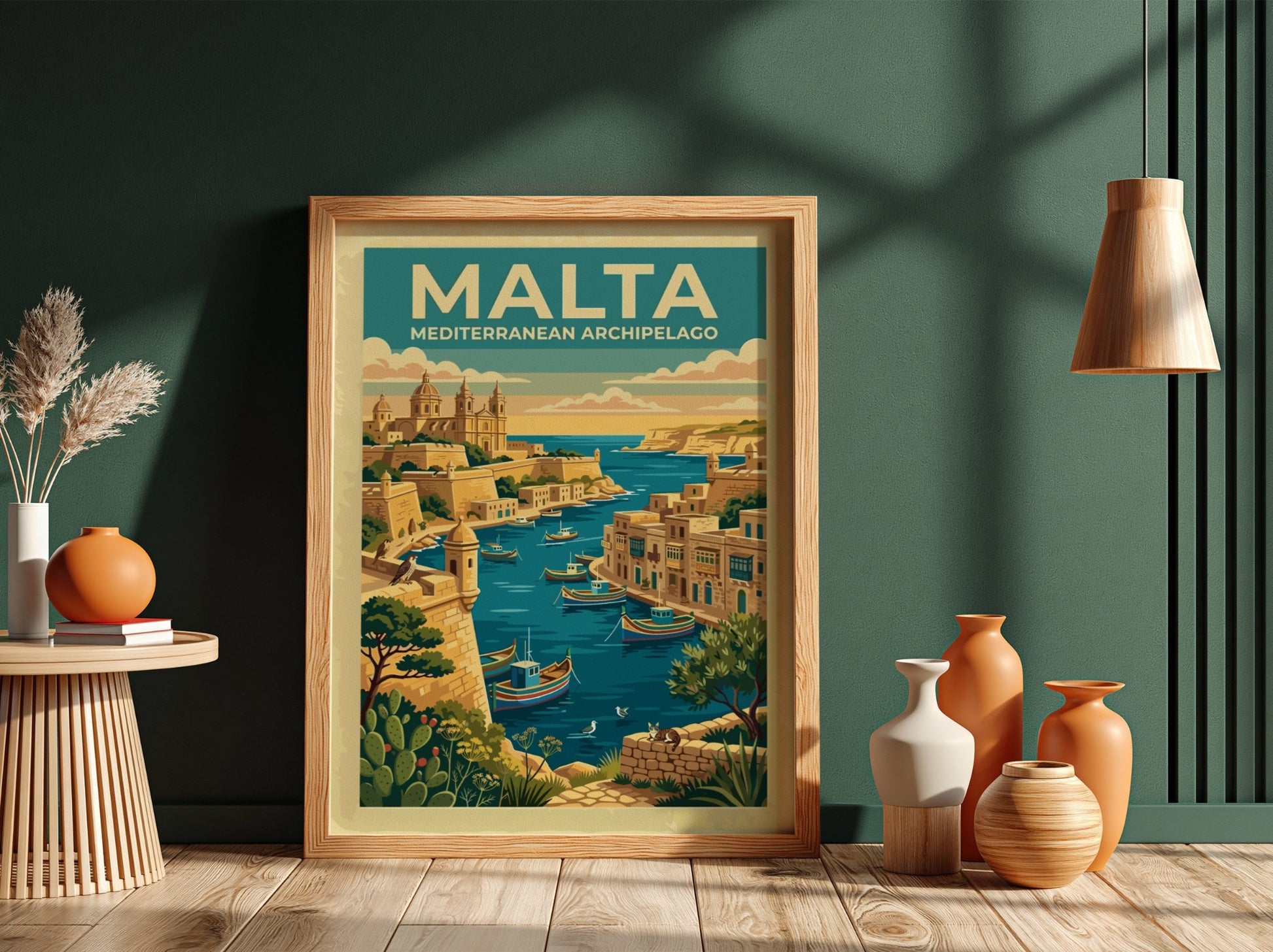 Travel poster of Malta Mediterranean Archipelago featuring a harbour with boats and architecture