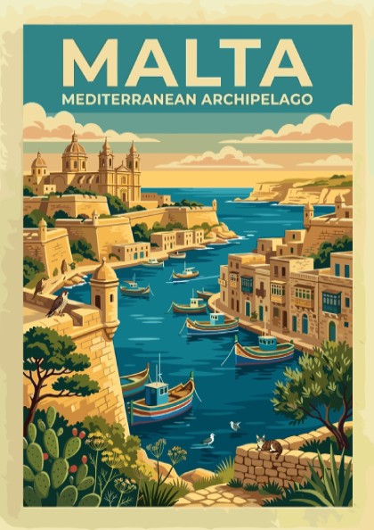 Travel poster of Malta Mediterranean Archipelago featuring a harbour with boats and architecture
