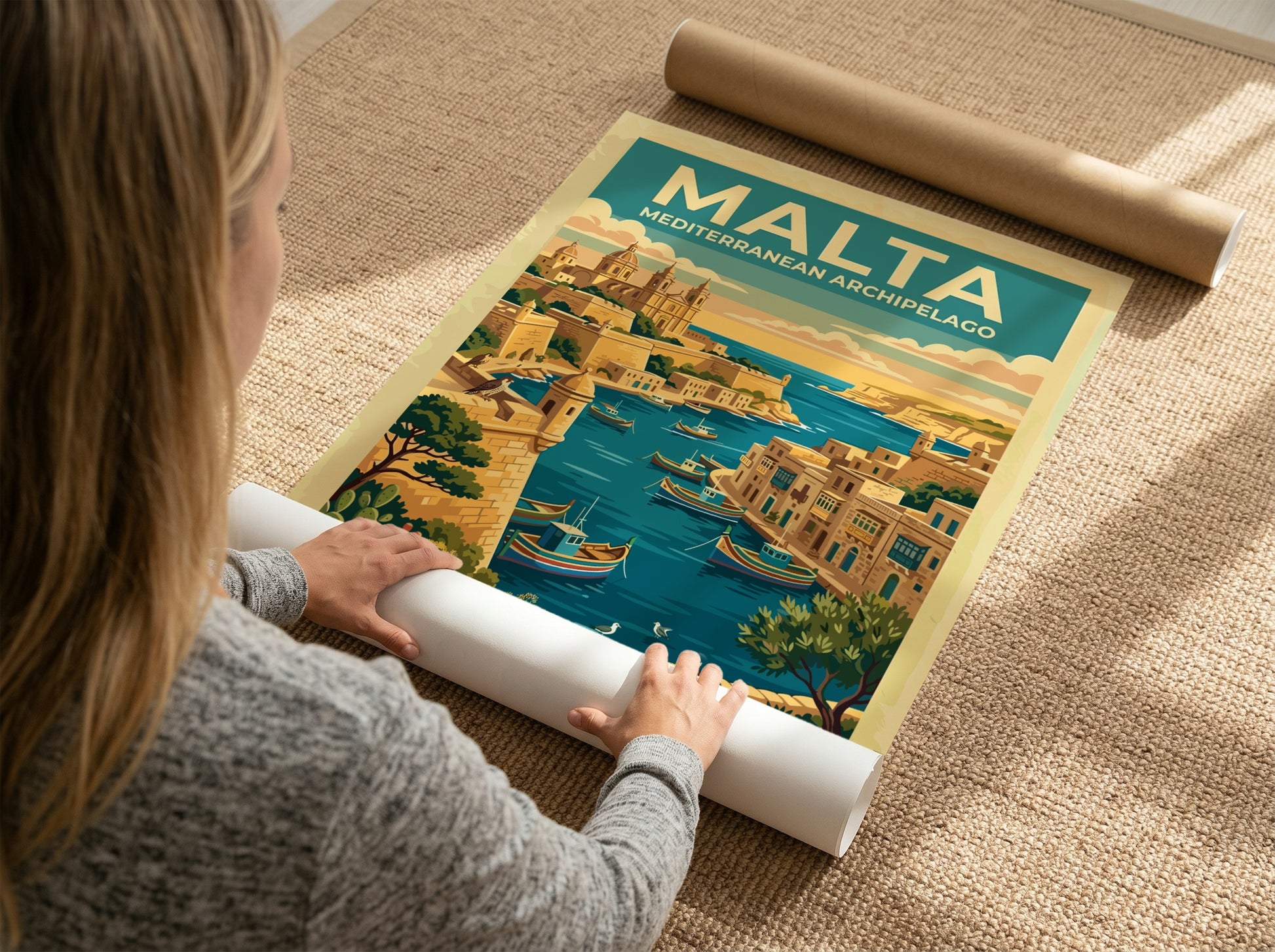 Travel poster of Malta Mediterranean Archipelago featuring a harbour with boats and architecture
