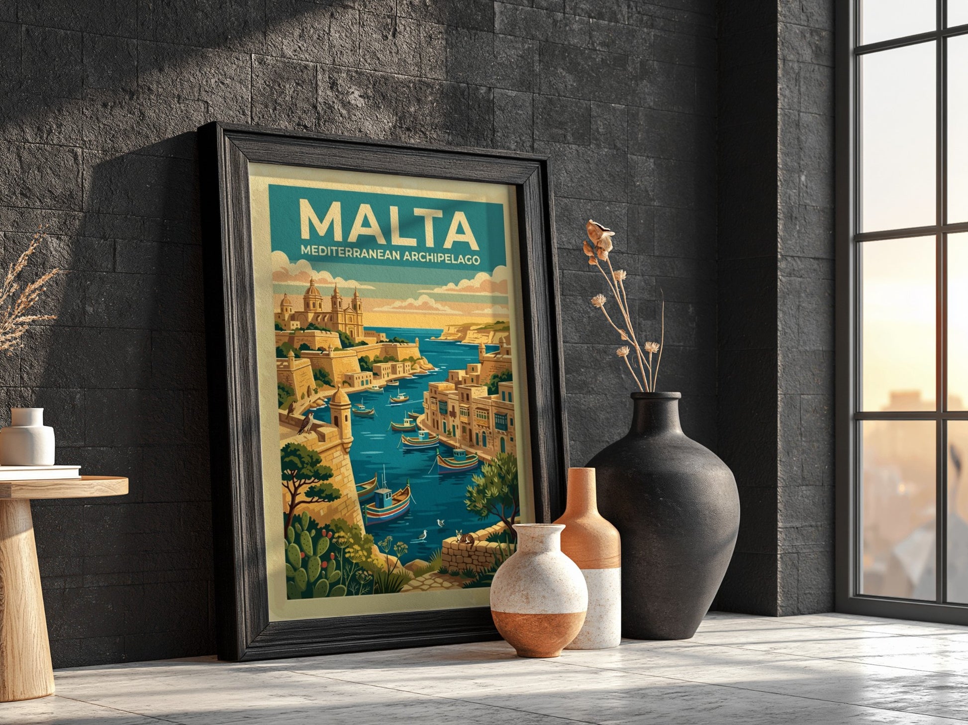 Travel poster of Malta Mediterranean Archipelago featuring a harbour with boats and architecture