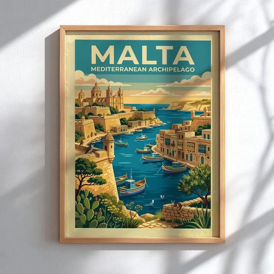 Travel poster of Malta Mediterranean Archipelago featuring a harbour with boats and architecture
