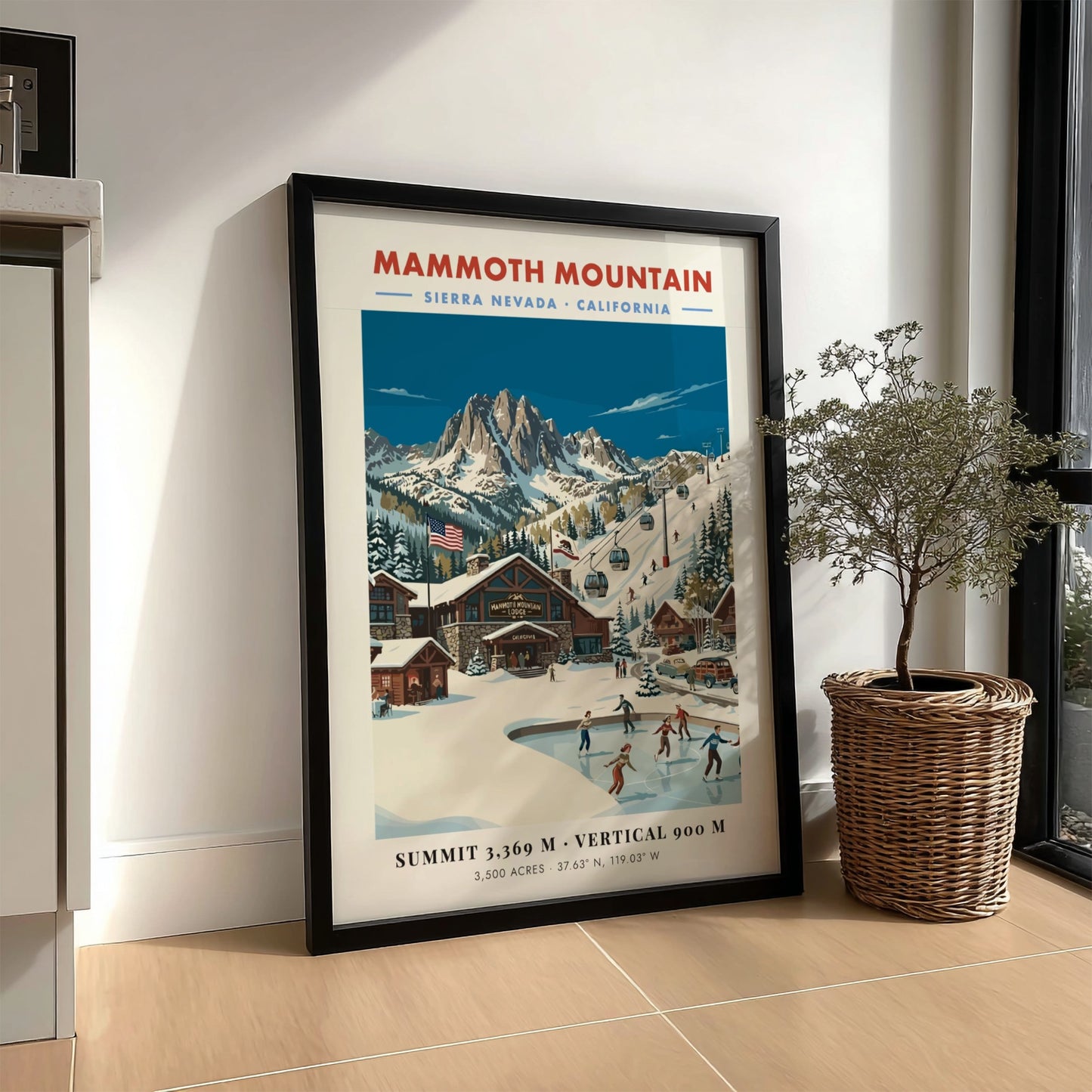 Mammoth Mountain ski resort poster featuring vintage style, winter landscape, skaters, and mountain peaks.