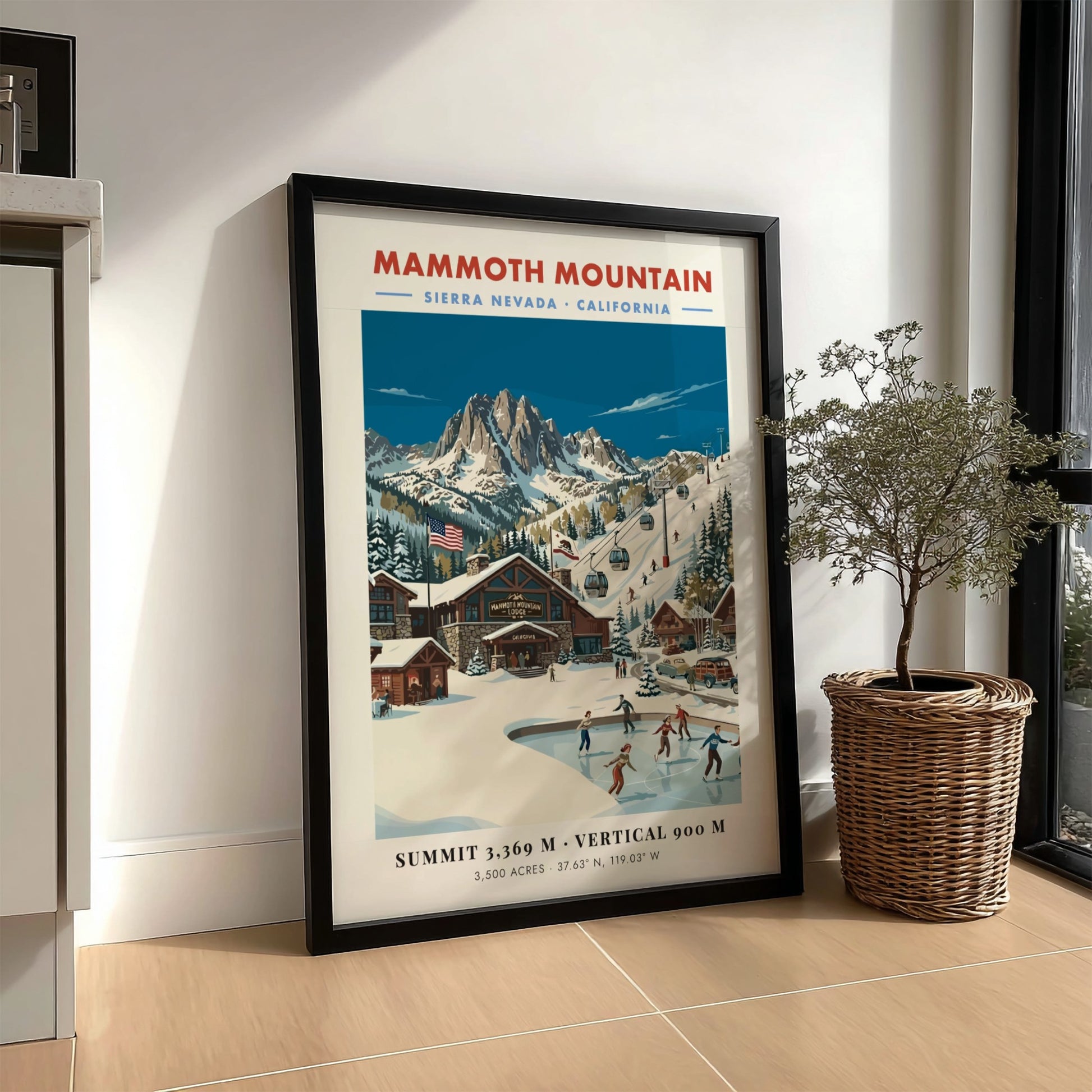 Mammoth Mountain ski resort poster featuring vintage style, winter landscape, skaters, and mountain peaks.