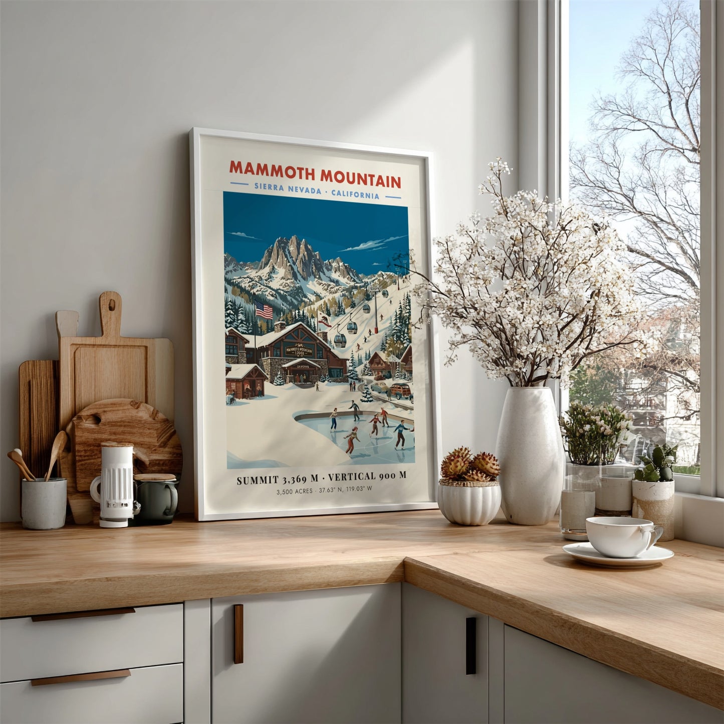 Mammoth Mountain ski resort poster featuring vintage style, winter landscape, skaters, and mountain peaks.