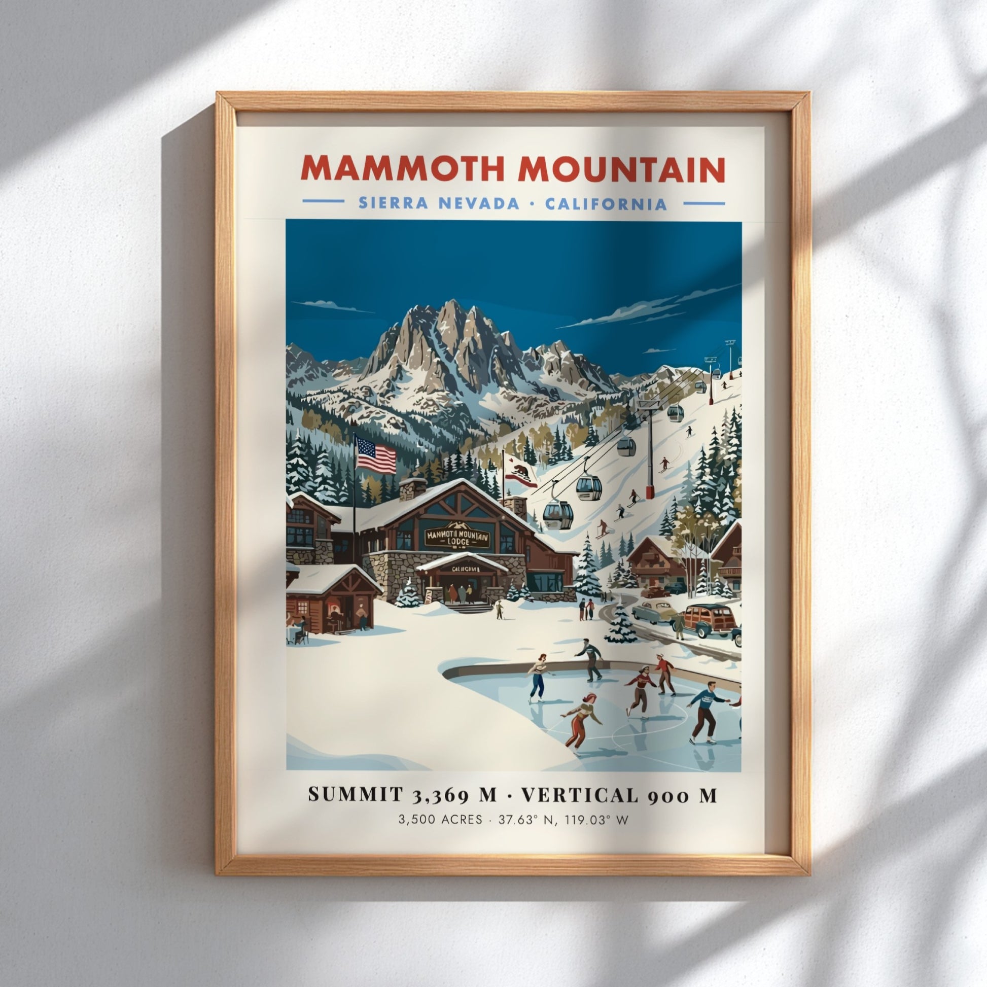 Mammoth Mountain ski resort poster featuring vintage style, winter landscape, skaters, and mountain peaks.
