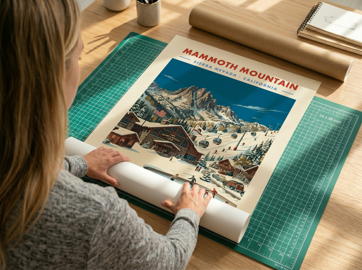 Mammoth Mountain ski resort poster featuring vintage style, winter landscape, skaters, and mountain peaks.