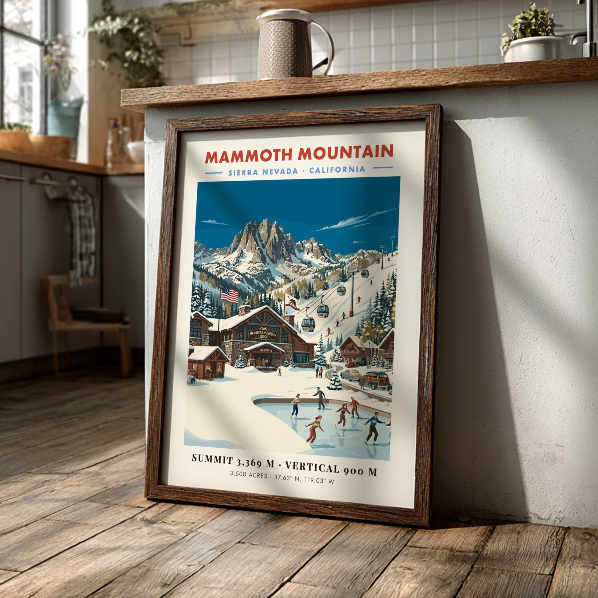 Mammoth Mountain ski resort poster featuring vintage style, winter landscape, skaters, and mountain peaks.