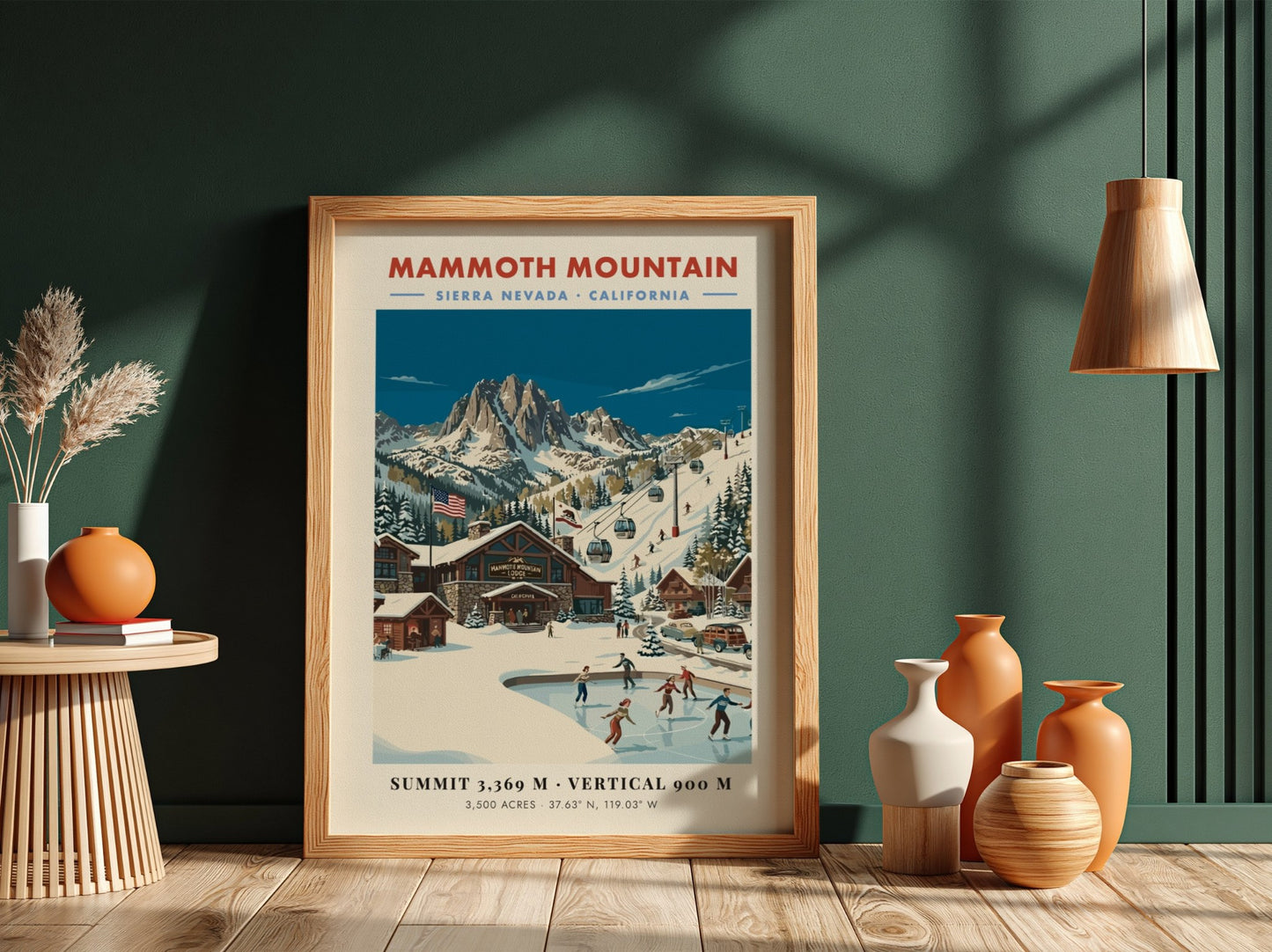 Mammoth Mountain ski resort poster featuring vintage style, winter landscape, skaters, and mountain peaks.