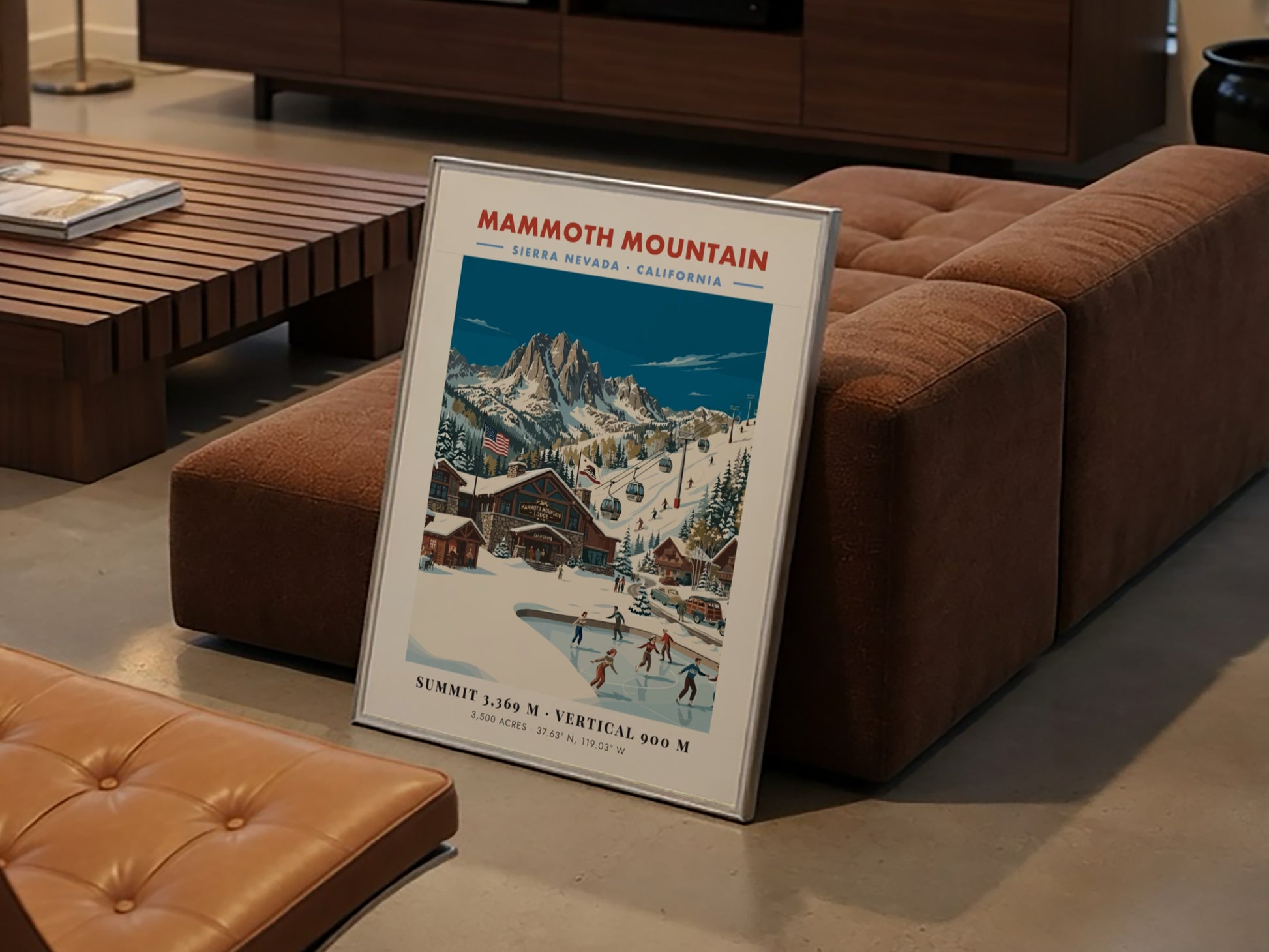Mammoth Mountain ski resort poster featuring vintage style, winter landscape, skaters, and mountain peaks.