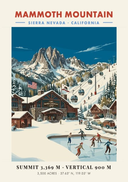 Mammoth Mountain ski resort poster featuring vintage style, winter landscape, skaters, and mountain peaks.