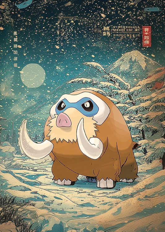 Illustration of Mamoswine Pokemon in a snowy landscape with Mount Fuji in the background.