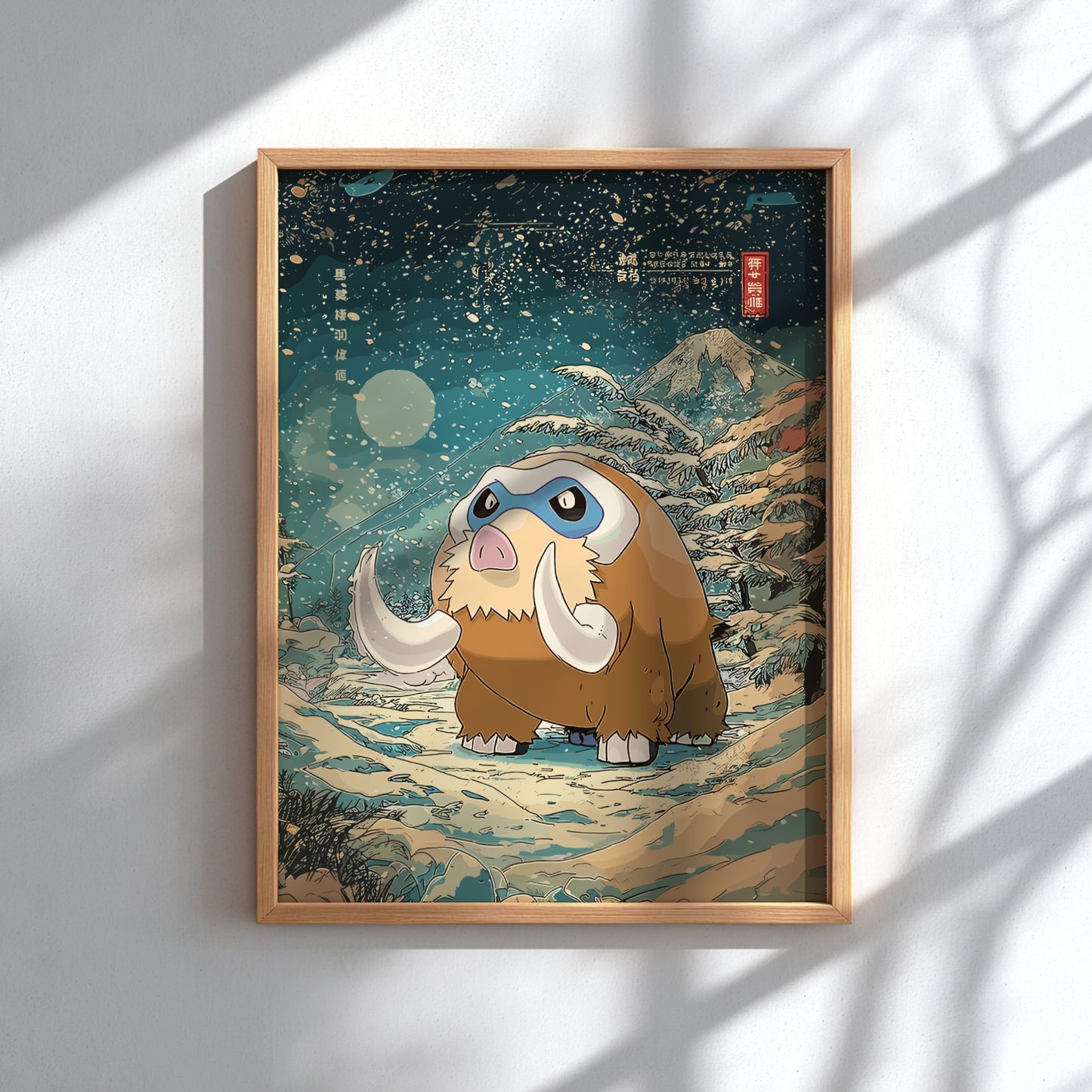 Framed artwork of Mamoswine Pokemon with large tusks in a snowy landscape.