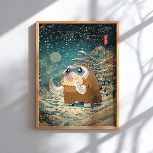 Framed artwork of Mamoswine Pokemon with large tusks in a snowy landscape.