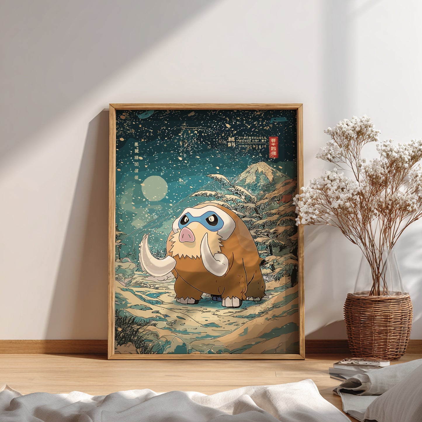 Framed illustration of Mamoswine Pokemon character in a snowy landscape on a wall.