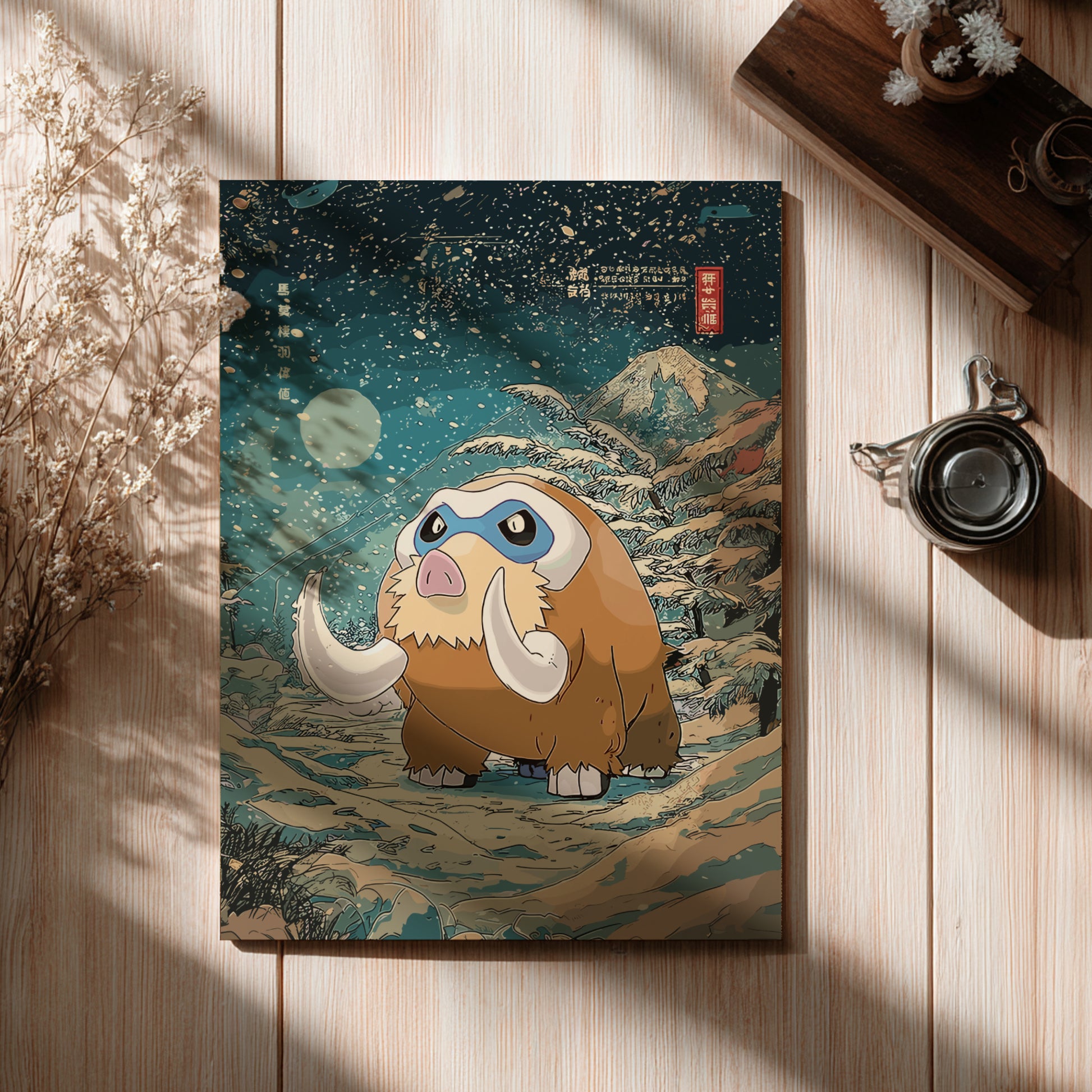 Illustrated Mamoswine Pokemon on a wooden surface with a scenic background