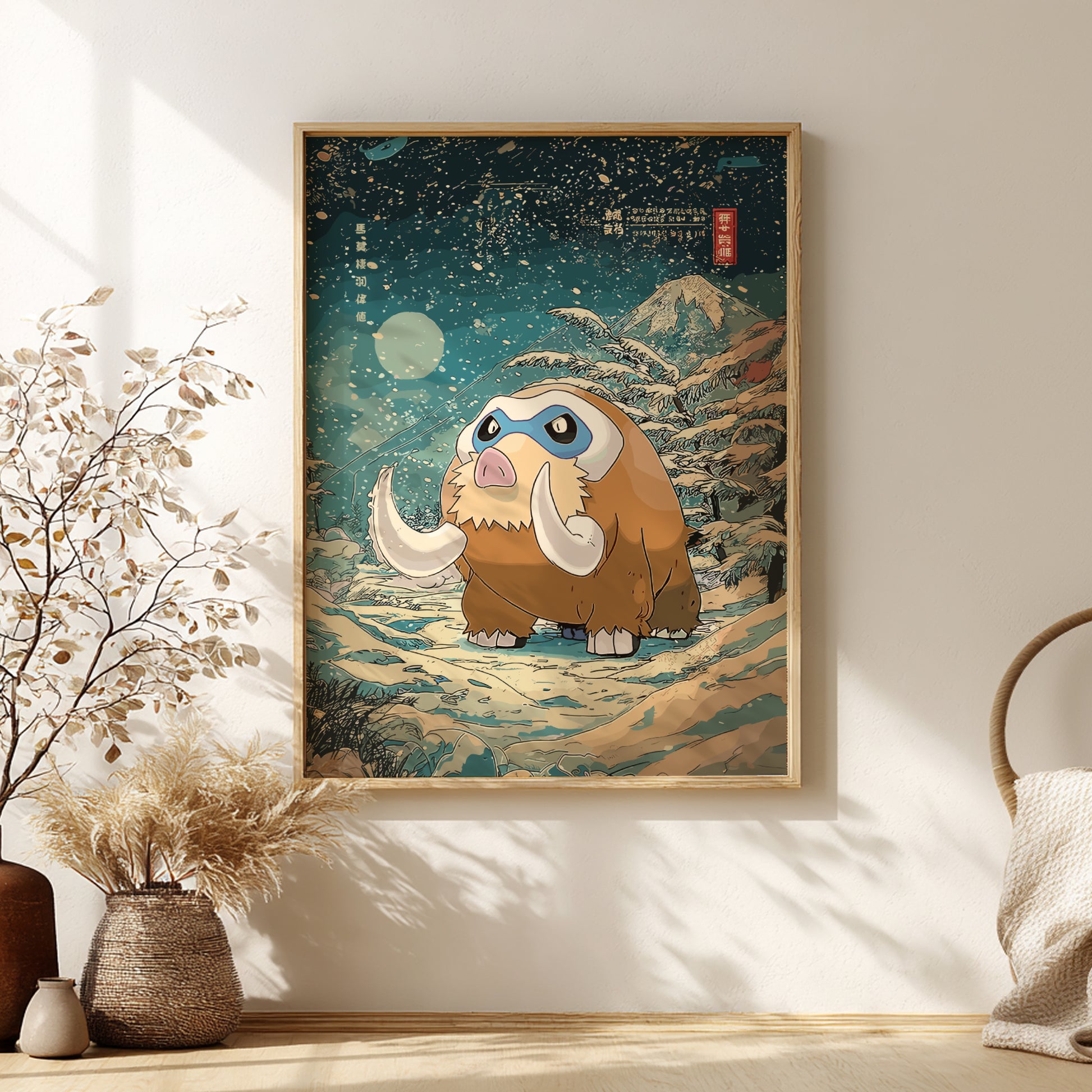 Framed artwork of Mamoswine Pokemon character in a snowy landscape on a wall.