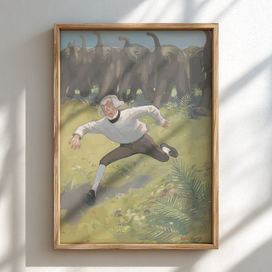 Famous Art Poster of a man running from a herd of elephants, vintage illustration style.