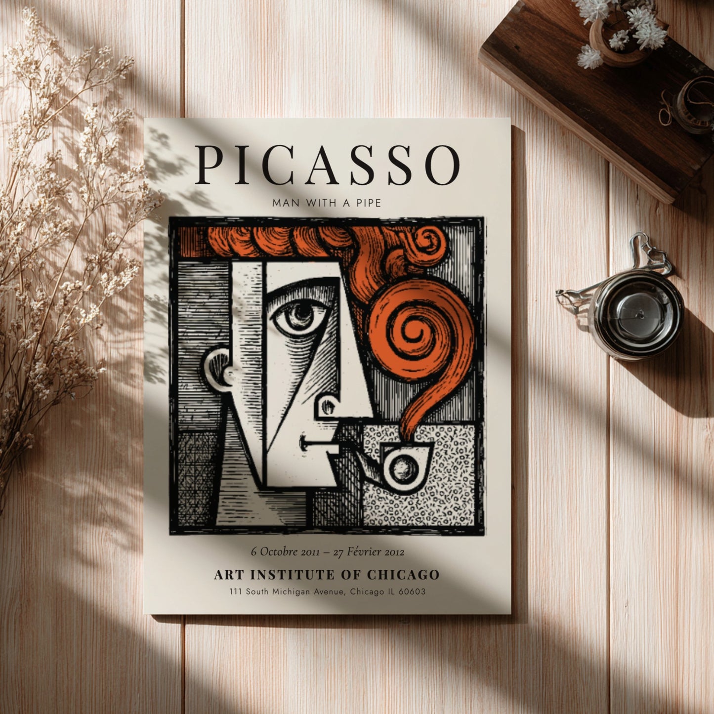 Man with a Pipe poster featuring bold colors and geometric shapes inspired by Picasso