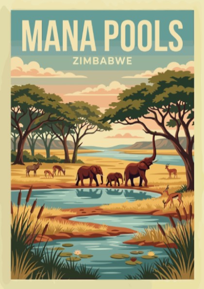 Nature poster featuring Mana Pools, elephants, river, and warm colors in a vintage style