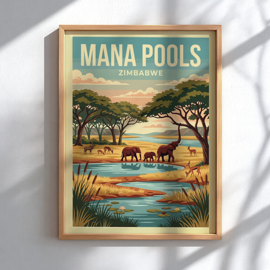 Nature poster featuring Mana Pools, elephants, river, and warm colors in a vintage style