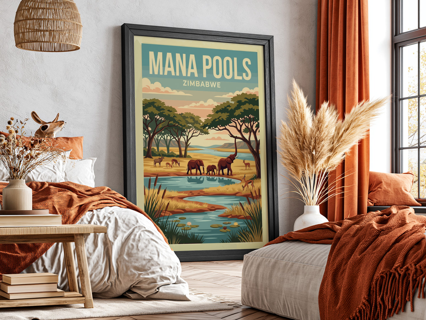 Nature poster featuring Mana Pools, elephants, river, and warm colors in a vintage style