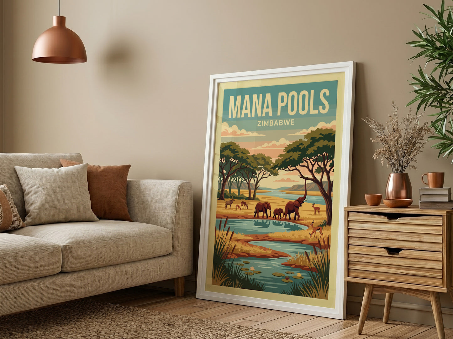 Nature poster featuring Mana Pools, elephants, river, and warm colors in a vintage style