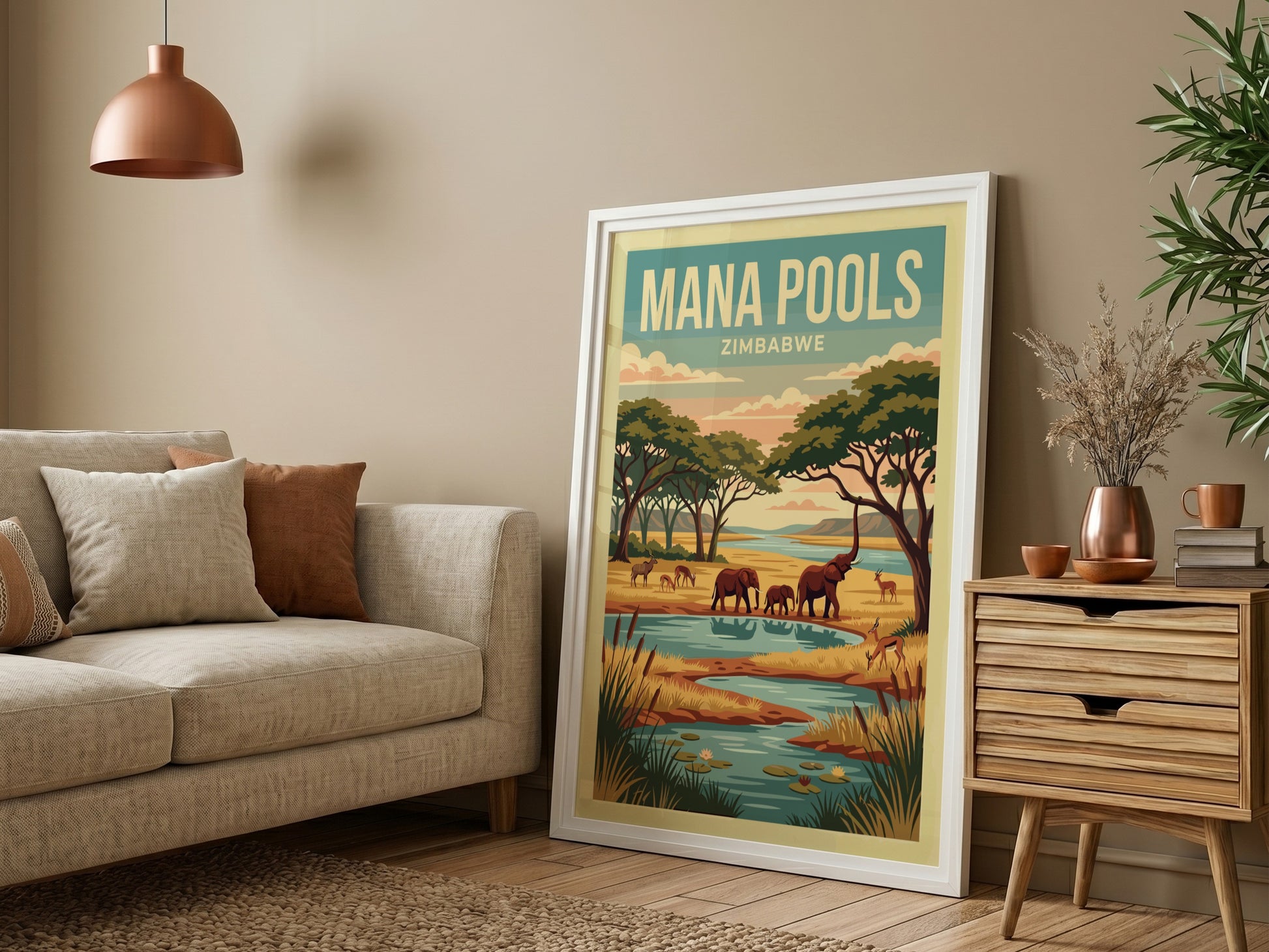 Nature poster featuring Mana Pools, elephants, river, and warm colors in a vintage style