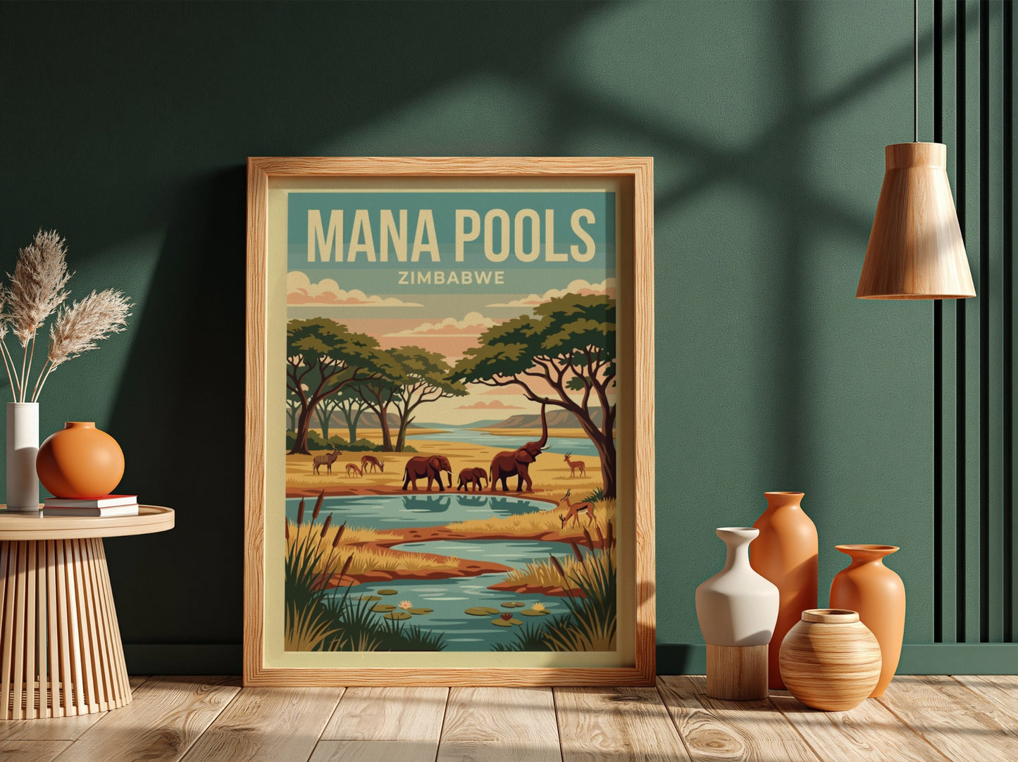 Nature poster featuring Mana Pools, elephants, river, and warm colors in a vintage style