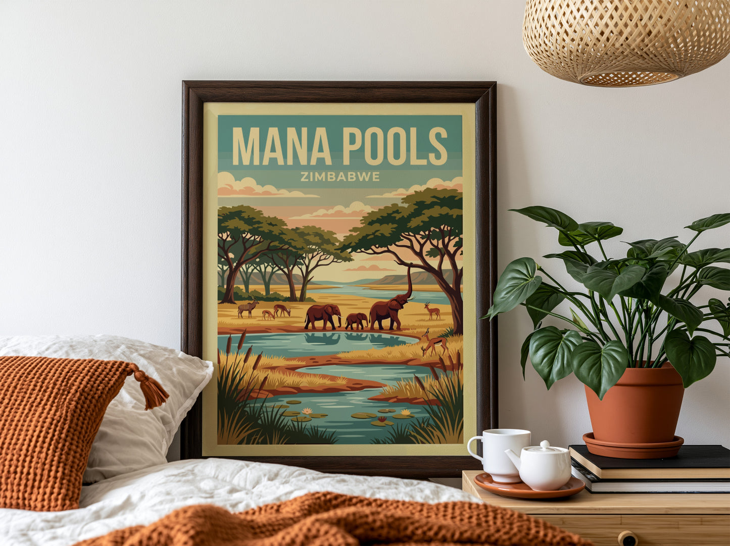 Nature poster featuring Mana Pools, elephants, river, and warm colors in a vintage style
