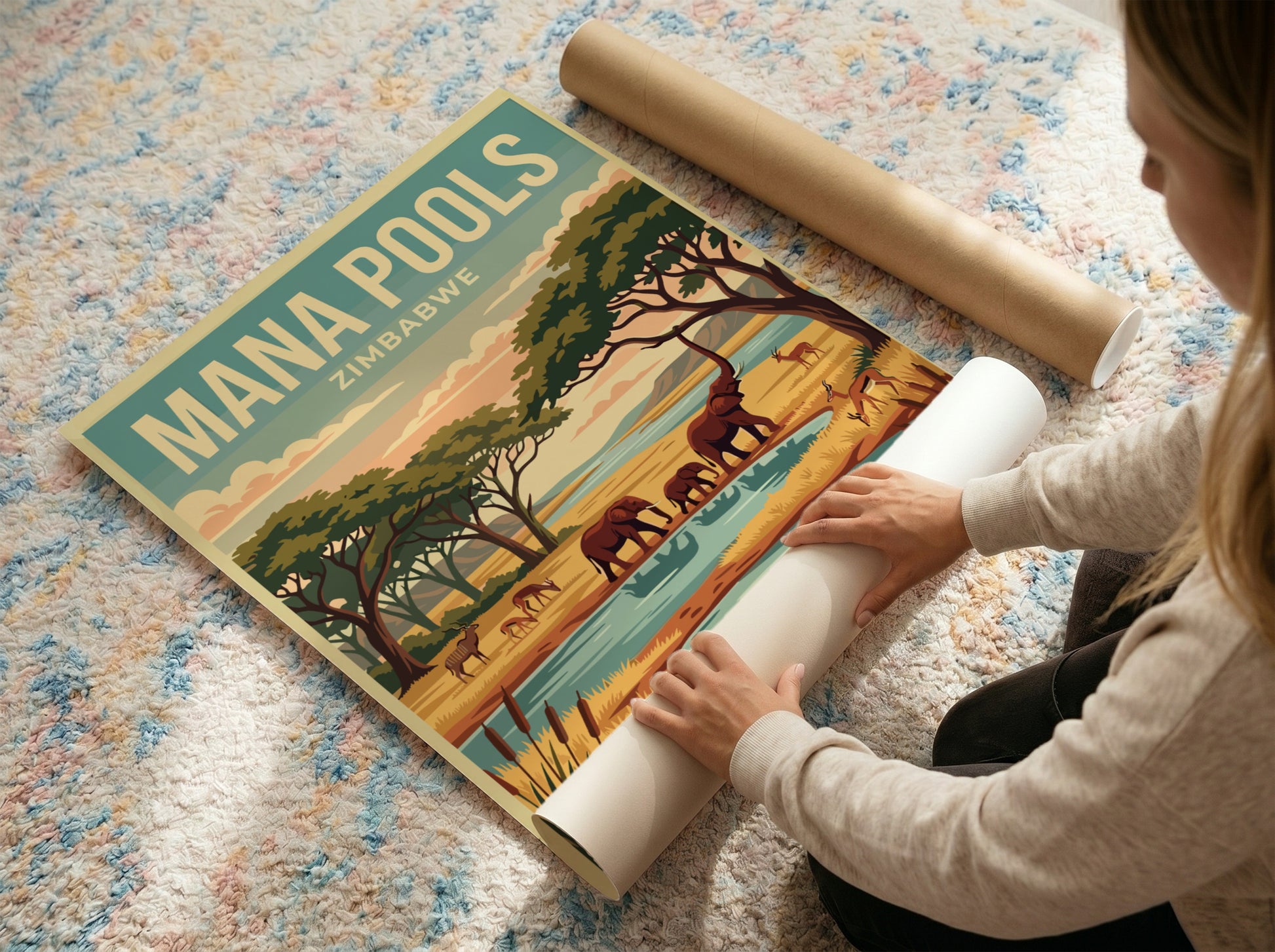 Nature poster featuring Mana Pools, elephants, river, and warm colors in a vintage style