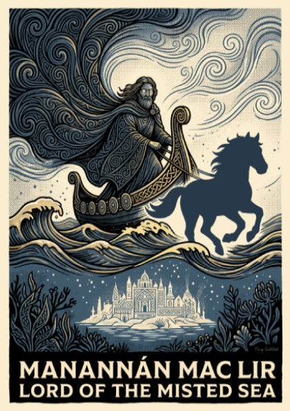 Manannán Mac Lir poster featuring a sea god in a boat with blue waves.