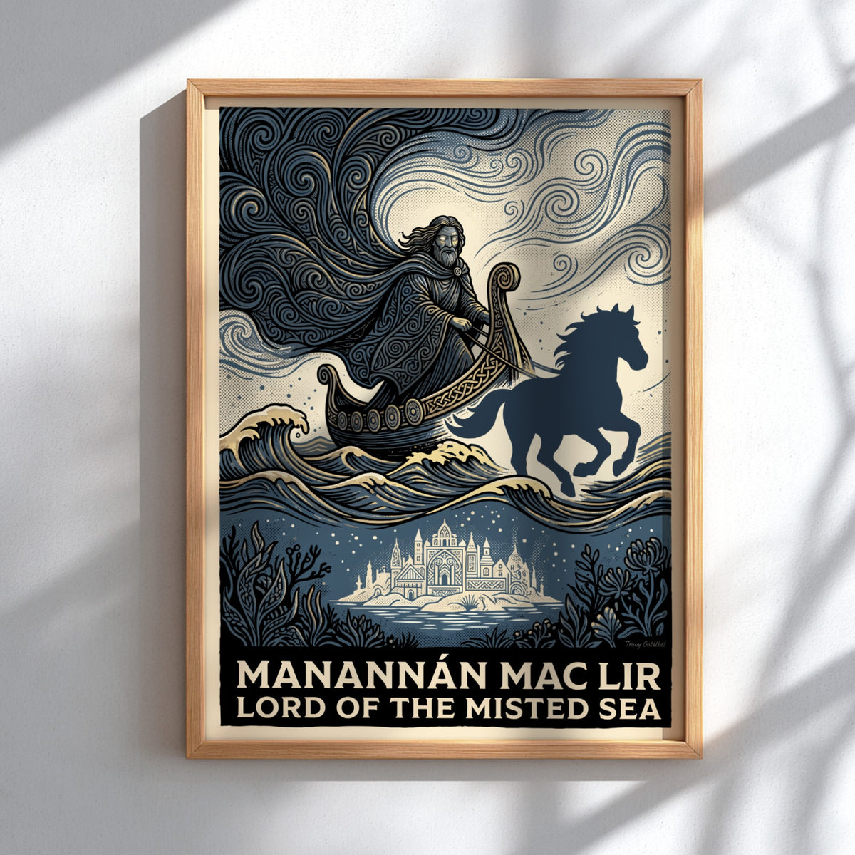 Manannán Mac Lir poster featuring a sea god in a boat with blue waves.