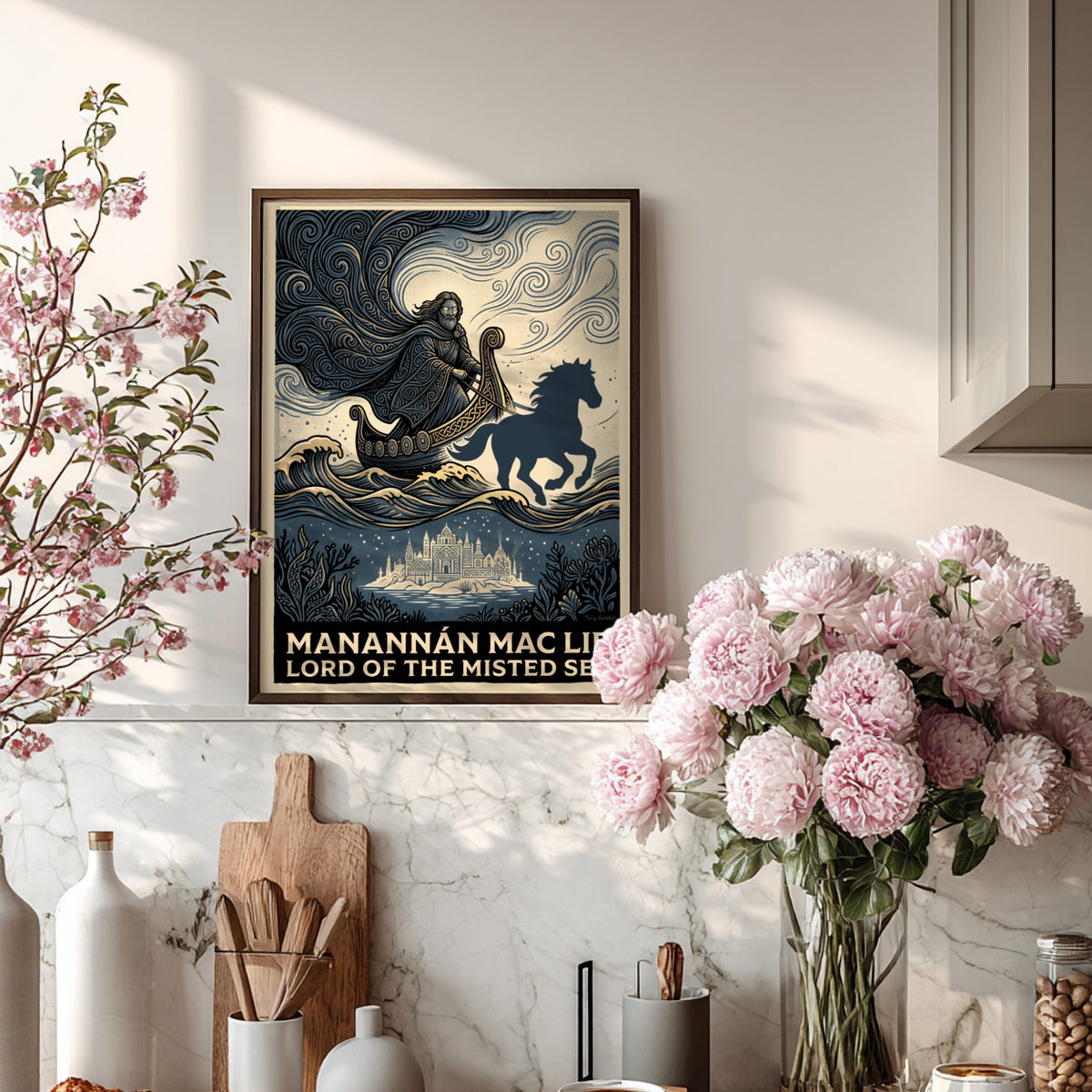 Manannán Mac Lir poster featuring a sea god in a boat with blue waves.